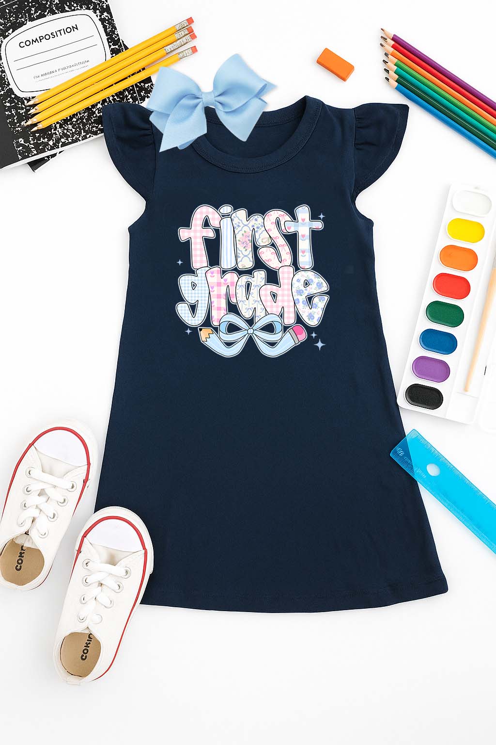 Custom Grade Back to School Flutter Sleeve Dress β Navy or White