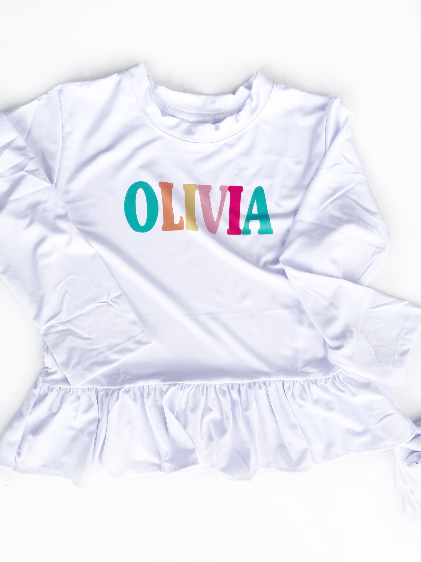 Rainbow Name Long Sleeve Ruffle Rash Guard