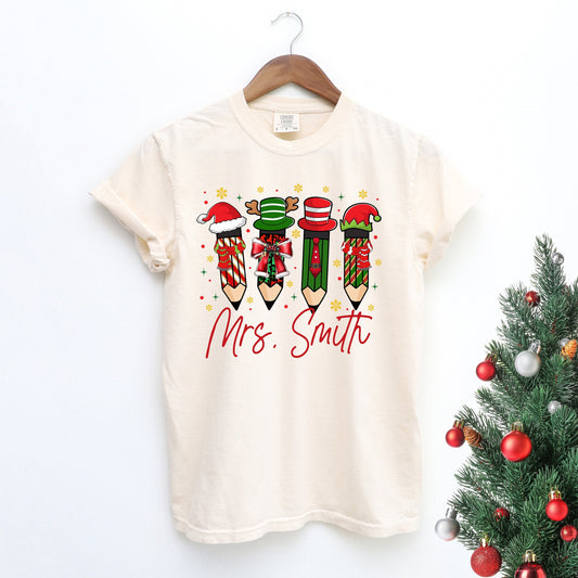 Teacher Name Pencil Christmas Tee