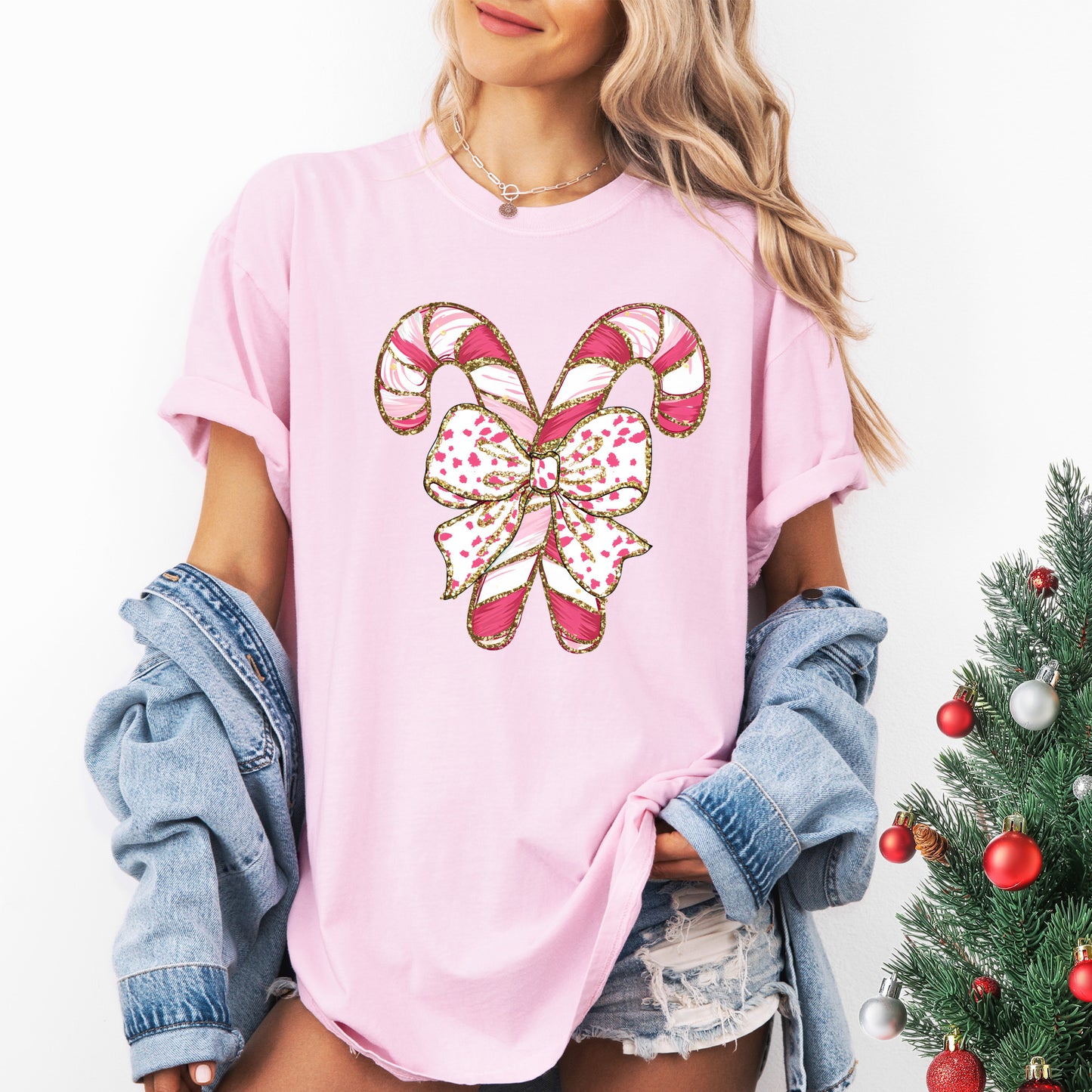 Women's Pink Candy Cane Graphic Tee