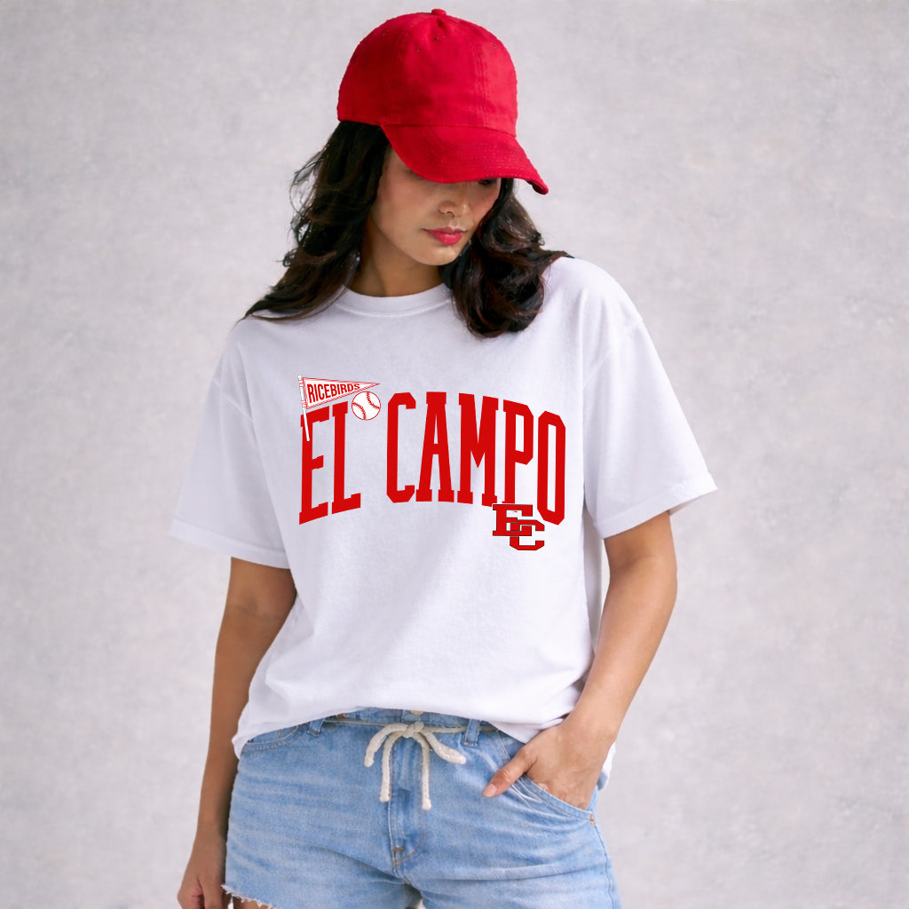 El Campo Ricebirds Baseball Graphic Sweatshirt or T-Shirt – Red Varsity Arch Design