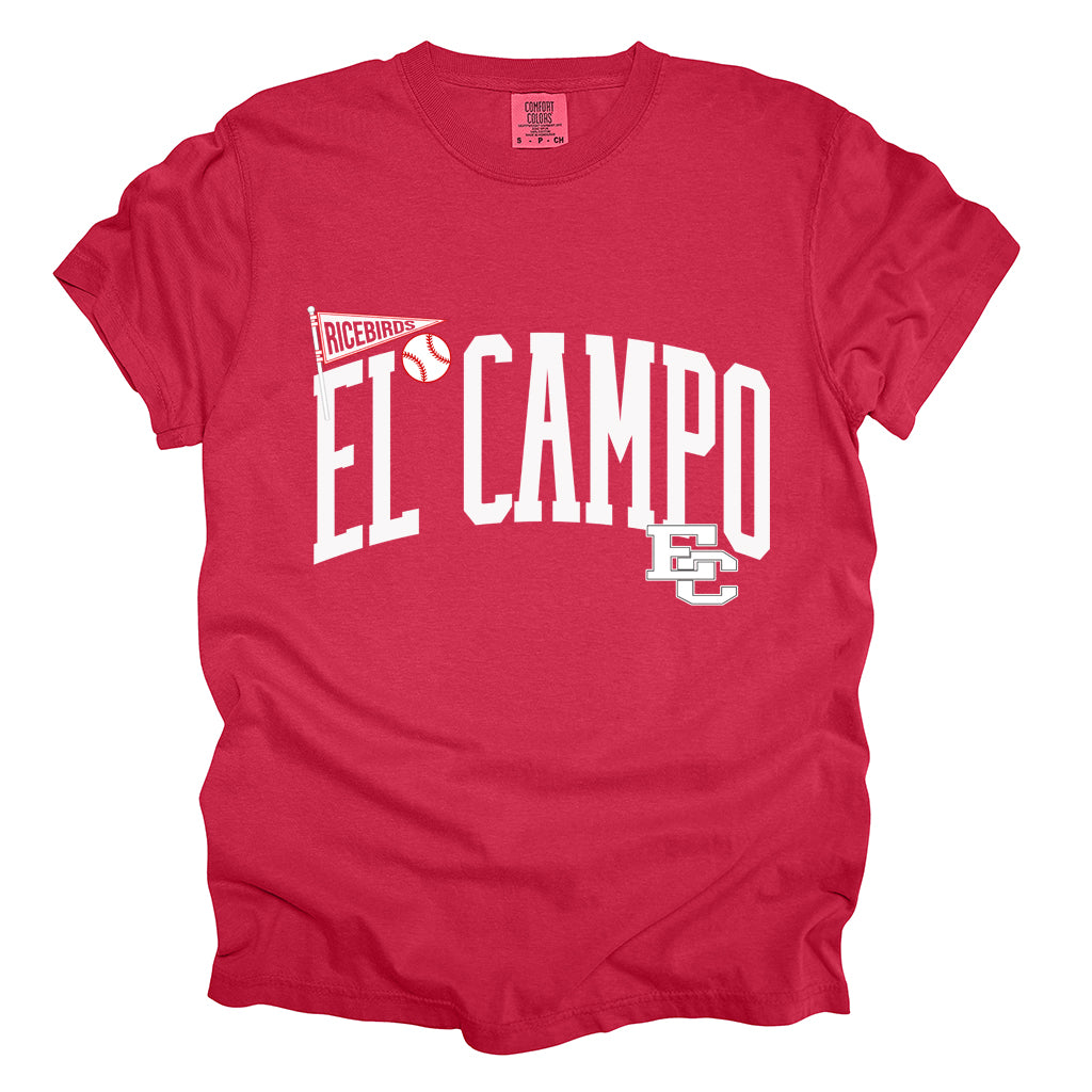 El Campo Ricebirds Baseball Graphic Sweatshirt or T-Shirt – Red Varsity Arch Design