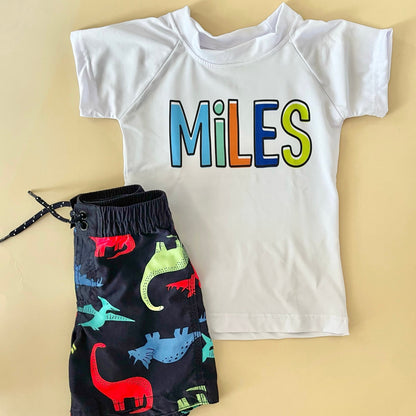 Boys Color Block Name - Short Sleeve Rash Guard