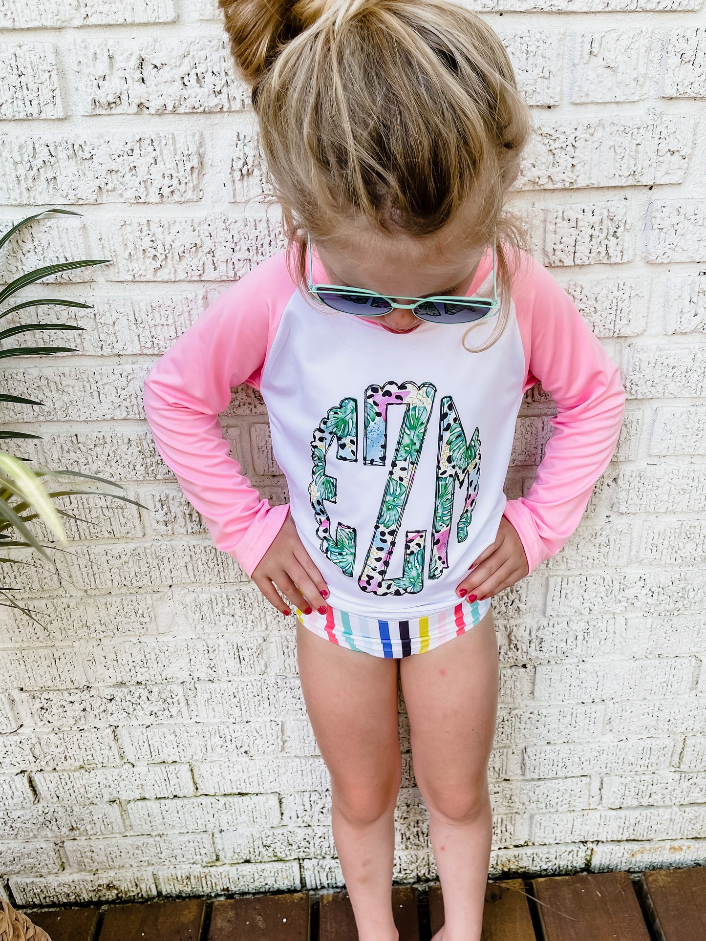 Monstera Monogram Long Sleeve Pink Rash Guard