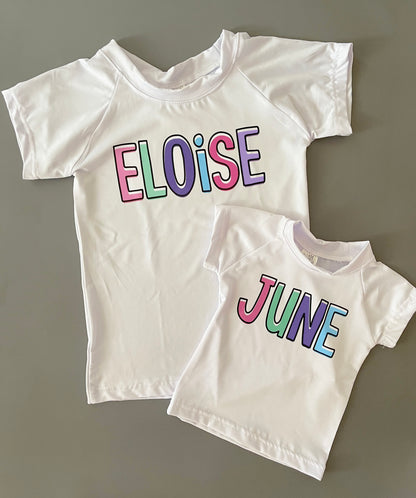 Girls Color Block Name - Short Sleeve Rash Guard